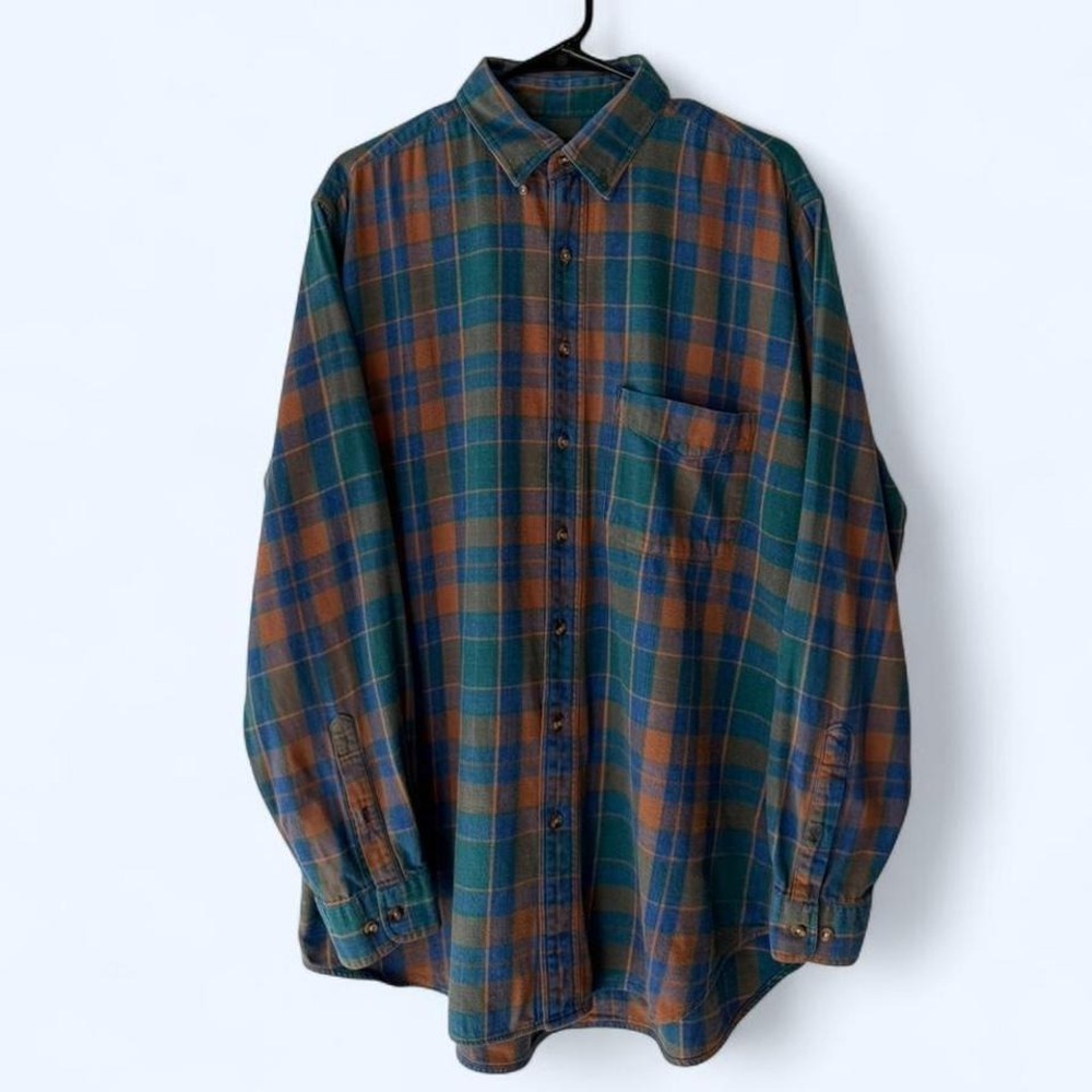 Hunt Club Men's Plaid Flannel Long Sleeve‎ Button Up Shirt Brown Green Blue
